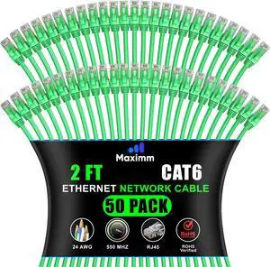 Maximm Cat 6 Ethernet Cable 2 ft (50-Pack) - High-Speed LAN Cable, Internet Cable, Patch Cable, and Network Cable - UTP, 10Gbps, 550MHz Ethernet Cord - Green