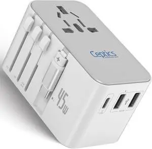 Ceptics 5 in 1 International Travel Adapter with PD 45W Retractable USB-C Cable 65cm, 2X USB-A 2.4A, 1x USB-C 3A, Travel Adapter Worldwide for Laptop, Phones and Cameras for US, EU, UK, UP-45WC-WH