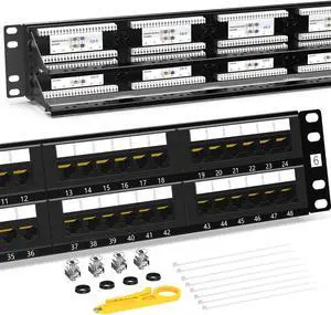AMPCOM Premium Series CAT6 48 Ports Patch Panel, Rack Mount - 2U, 19 inch, RJ45 Ethernet 568A 568B, 15u Gold Plated, with Rear Cable Support Bar