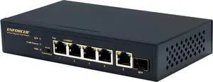 Seco-Larm NS-504UT-GAQ Enforcer 4-Port Unmanaged PoE Switch; Plug-and-Play Installation; Supports up to 10/100/1000B-T; IEEE 802.3X Flow Control; 100/240 VAC; 4 Downlink, 1 uplink, 1 SFP Ports