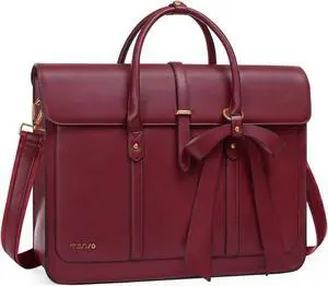 MOSISO Laptop Bag for Women, 13-14 inch PU Leather Laptop Shoulder Bags Convertible Backpack, 13.3 inch Messenger Bags Casual Handbag Work Briefcase Travel Computer Bag with Bowknot, Wine Red