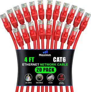 Maximm Cat 6 Ethernet Cable 4 ft (20-Pack) - High-Speed LAN Cable, Internet Cable, Patch Cable, and Network Cable - UTP, 10Gbps, 550MHz Ethernet Cord - Red