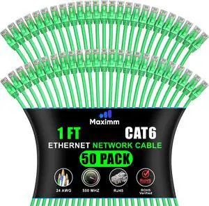 Maximm Cat 6 Ethernet Cable 1 ft (50-Pack) - High-Speed LAN Cable, Internet Cable, Patch Cable, and Network Cable - UTP, 10Gbps, 550MHz Ethernet Cord - Green