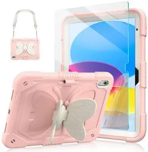 Ambison Compatible with iPad 11th/10th Generation Case 2025/2022 11/10.9 inch for Kids Girls with 9H Tempered Glass Screen Protector, Rugged Duty Shockproof, Butterfly Stand,Carrying Strap-Rose Pink