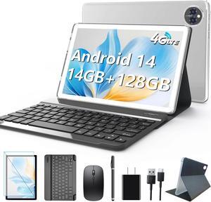 Android 14 Tablet 10 Inch, 4G Cellular Tablet, Octa-Core, 128GB Storage + 14(8+6)GB RAM/ 1TB Expandable, 5G WiFi, 8000mAh Battery, Bluetooth 5.0, 13MP+8MP Camera, Tablet with Keyboard/Case Kit, Silver