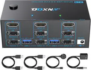 HDMI + 2 Displayport KVM Switch 3 Monitors 2 Computers, ANXQQ 8K@60Hz 4K@144Hz Triple Monitor KVM, Monitor Switch for 2 Computers Share 3 Monitors and 4 USB 3.0 Ports with Remote and Power Adapter