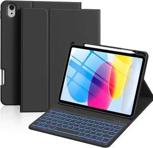 aoub Keyboard Case for iPad 10th Generation Case 10.9 inch 2022-7 Color Backlit Wireless Detachable Keyboard, Stand Folio Cover with Pencil Holder for iPad 10th Gen, Black