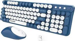 Wireless Keyboard and Mouse,Cute Retro Typewriter Computer Keyboard and Mouse Sets,Full SIze 2.4G Cordless Colorful Round Keycaps Keyboard with Silent Mouse for PC Window Laptop Home Office-White Blue