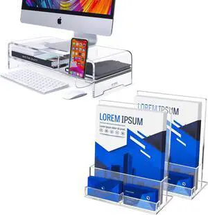 BEYGORM Acrylic Monitor Stand Riser, 2 Pack Clear Acrylic Flyer Holder with Business Card Holder