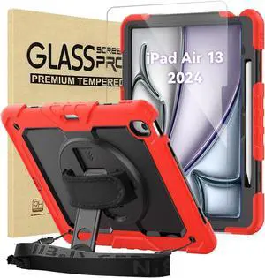 BLOSOMEET Rugged Case for iPad Air 13 Inch (2024) M2 with Tempered Glass Screen Protector & Shoulder Strap,Rugged Protective Cover for iPad Air 6th Gen with Stand Pencil Holder Hand Strap (Red)