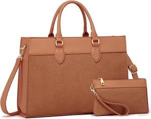 BOLOSTA Laptop Bag for Women 15.6 inch Work Tote Bags for Women Large Waterproof Leather Computer Bag with Clutch Purse (Z-Brown)