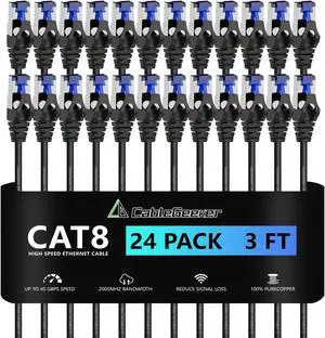 CableGeeker Patch Cables Cat8 3ft 24 Pack Slim, Cat8 Ethernet Patch Cable 40G 2000MHz Support, Snagless RJ45 Cat 8 Patch Cable for Patch Panel to Switch, Flexible Network Cable - 3 Feet Black