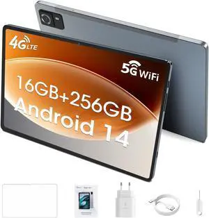 CWOWDEFU 10.1-inch Tablet, Android 14, 16GB RAM, 256GB ROM (Expandable to 1TB), 4G LTE, Dual SIM, 8MP Rear & 13MP Front Camera, 6000mAh Battery, Gray