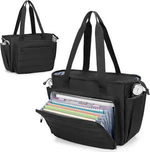 CURMIO Nurse Tote Bag for Women, Portable Medical Supplies Shoulder Bag with A4 Size Accordion File Organizer Compartment and 15.6" Laptop Sleeve for Nursing Work, Home Health, Black(Patent Pending)