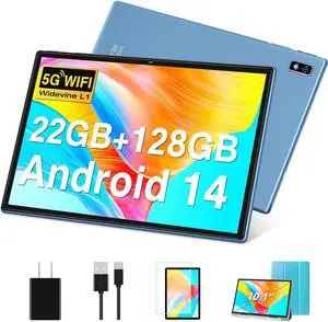 DEERTiME Tablet Android 14 Tablets 10.1 inch with 22GB RAM 128GB ROM, Octa-Core Processor 8000mAh TF 1TB, G+G HD IPS Display Tableta, Dual Camera, Widevine L1 Bluetooth GPS Tablet PC (Blue)