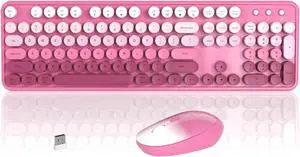Colorful Wireless Keyboard and Mouse Combo, COVEVA 2.4GHz Wireless Retro Cute Round Keycaps Keyboard, 104 Keys Full-Sized Keyboard Mouse Set with Switch Button for PC Laptop Desktop (Pink Gradient)