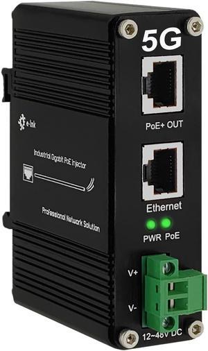 Elenzk 5G PoE Injector - Industrial 5 Gigabit IEEE802.3 at 30W Hardened POE Adapter with 12-48V DC Input DIN- Rail, IP40 Aluminum Case, for 5G Wireless Router/AP/Wi-Fi Range Extender