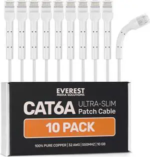 Everest Ultra-Slim Cat6A Ethernet Patch Cable 15ft (10-Pack) White - 15ft Cat6 Patch Cables - 100% Pure Bare Copper 10GB Patch Cord - Bendable, Thin & Flexible Cat 6a Ethernet Cable