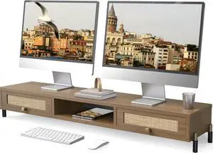 Fenge Dual Monitor Stand with Storage, Long Wooden Monitor Riser for Desk with Rattan Woven Drawer, 2 Tier Desk Shelf for 2 Monitors, Vintage Computer Stand for Laptop, Printer, Computer, TV