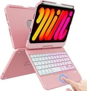 FUWANG Touchpad Keyboard Case for iPad mini 7 A17 Pro 2024 & Mini 6th Generation 2021 8.3 inch - 360° Swivel 7 Color Backlit Keyboard for iPad mini 7th 6th Generation with Pencil Holder, Rose Gold