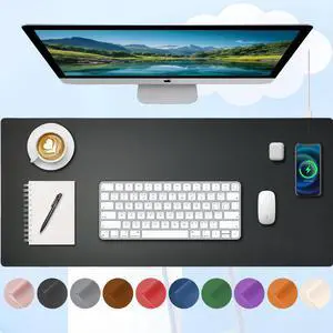 Desk Mat with Wireless Charging, Black Mouse Pad with Wireless Charger, Desk Pad Desk Matt for Desktop, Mousepad Gaming Large Mouse Pad, Leather Computer Mouse Pad for Keyboard and Mouse, 32" x 16"