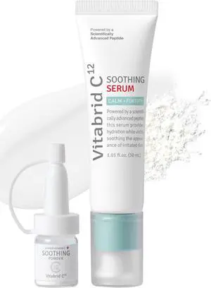 VITABRID C12 12 Hour Vitamin C Soothing Serum for Acne & Blemish-Prone Sensitive Skin - Improves Sebum, Pores and Redness - Peptides, Niacinamide, Madecassoside, 1.01 fl.oz. Powder 0.04oz.