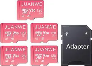 JUANWE 128GB Micro SD Card 5 Pack SD Card MicroSDXC Flash Memory Card 128 GB, A1 U3 V30 4K Video Recording 128GB TF Cards with Adapter for Phone, Dash Cam, Security Camera (5 Pack, Pink)