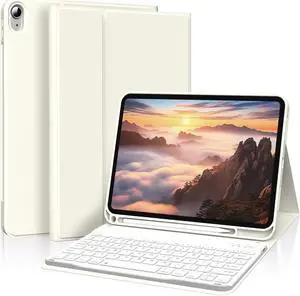 kenke for iPad 11/10th Gen Case with Keyboard 11/10.9 inch 2025 A16/2022, Detachable Wireless Bluetooth Keyboard Case with Left Side Pencil Holder, White Square Keycaps (Cream)