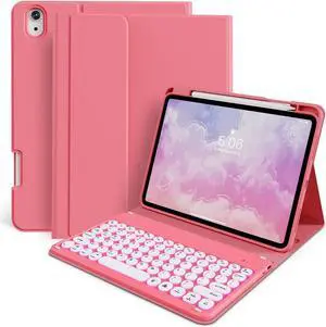kenke for iPad 10th Generation Case with Keyboard (10.9", 2022), 7 Color Backlight Round Cap, Wireless Detachable Keyboard Case with Pencil Holder for iPad 10th Model:A2696/A2757/A2777, Watermelon Red