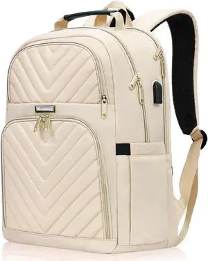 Travel Laptop Backpack for Women, 15.6 Inch Quilted Work Backpack Purse with USB Charging Port, School Backpack for Teens Girls Boys, Large Anti-theft Teacher Student Bookbags, Casual Daypacks, Beige