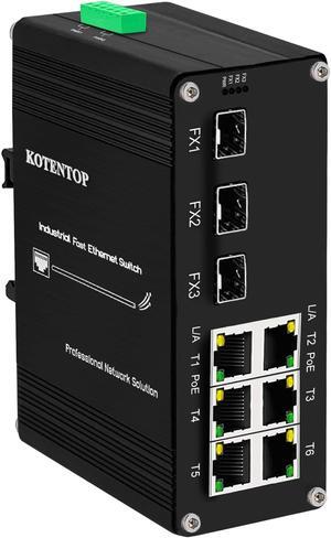 KOTENTOP Industrial Hardened Ethernet Switch 9 Port PoE Switch Optic Fiber SFP Network Splitter Unmanaged Switch with 6X 10/100Base-T RJ45 Port + 3X 100Base-FX SFP Slot,180W PoE Budget,Din-Rail