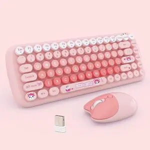 Cute Compact Wireless Keyboard and Mouse Combo, 84 Typewriter Style Candy Color Round Keys, Cat Shape Mouse, 2.4G Connectivity, Compatible with PC, Laptop (Pink)