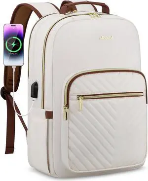 LOVEVOOK Laptop Backpack for Women 15.6 inch,Cute Womens Travel Backpack Purse,Professional Laptop Computer Bag,Waterproof Work Business College Teacher Bag Carry on Backpack with USB Port,White Brown
