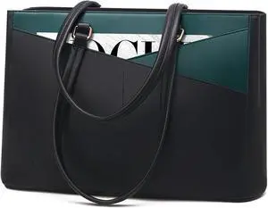 LOVEVOOK Laptop Bag for Women 15.6 Inch Tote Bags Waterproof Leather Briefcase Computer Women Business Office Work Bag,Black/Green