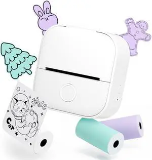 Memoqueen Mini Sticker Printer with 3 Rolls Paper T02 Mini Portable Thermal Printer,Sticker Maker Machine for Study, Brithday Gift, Journal, Work, Children DIY, Compatible with Phone & Tablet, White