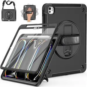 Miesherk Case for iPad Pro 13 Inch, Military Grade Heavy Duty Shockproof iPad 13 M4 Case (2024, 7th Generation) - Screen Protector, Rotating Stand, Pencil Holder, Hand/Shoulder Strap, Black