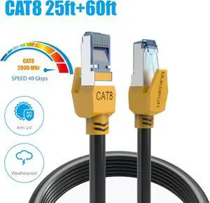 MUKSIRON Cat 8 Ethernet Cable 25 ft+60 ft,Outdoor&Indoor,Cat8 High Speed LAN Network Cable 40Gbps,2000Mhz with RJ45 Connector, Weatherproof S/FTP UV Resistant for Modem/Router/Gaming