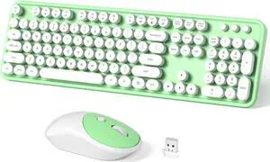 Wireless Keyboard and Mouse Combo, MOWUX Full Size Typewriter Retro Round Computer Keyboard, Mouse Wireless, Plug and Play, for Laptop, PC, Computer- Green