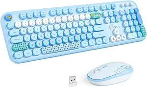 Wireless Keyboard and Mouse Combo, MOWUX Full Size Typewriter Retro Round Computer Keyboard, Cute Optical Mouse Wireless, Plug and Play, for Laptop, PC, Computer - Blue Heart