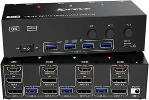 KVM Switch 3 Computers HDMI 4K144Hz, Dual/Triple Monitor Switches Support 4K@60Hz, 2K@144Hz, USB 3.0 Computer Switch for 3 PC Share 3 Monitors, Support Extended Mode