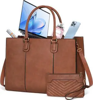 NEWHEY Laptop Bag for Women 15.6 Inch Work Tote Bags Leather Computer Bag with Clutch Purse Professional Office Briefcase Waterproof Handbag Shoulder Bag for Business Travel College, Brown