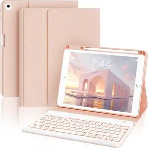 OPAKIT Keyboard Case for iPad Air-2 9.7 Inch 2014, 7-Color Backlit Detachable Wireless with Pencil Holder, Stand Folio Cover for 6th 5th Generation 2018/2017, Pink