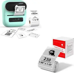 Phomemo M220 Label Maker Green & 1 Roll Transparent Thermal Label 1.96"x1.18"(50x30mm), Upgrade 3 Inch Barcode Portable Printer, for Office & Small Business, Compatible with Phones&PC