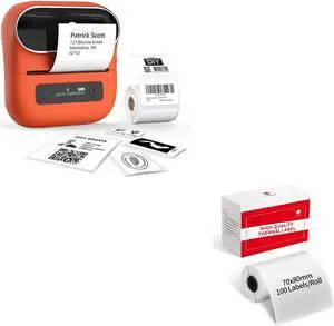 Phomemo M220 Label Maker Orange & 1 Roll Transparent Thermal Label 2.76" x 3.15"(70x80mm), Upgrade 3 Inch Barcode Portable Printer, for Office & Small Business, Compatible with Phones&PC