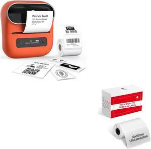 Phomemo M220 Label Maker Orange & 1 Roll Transparent Thermal Label 2.36" x 1.57"(60x40mm), Upgrade 3 Inch Barcode Portable Printer, for Office & Small Business, Compatible with Phones&PC