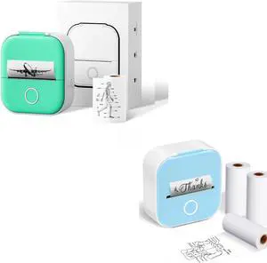 Ponek T02 Green Mini Pocket Sticker Printer (1 Printer + 1 Roll Paper) and T02 Blue Mini Pocket Sticker Printer (1 Printer + 3 Rolls Paper)