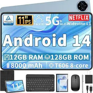 Android 14 Tablet, 11 inch Tablet with Keyboard, 12GB+128GB, 1TB Expand, Octa-Core, 2.4G/5G WiFi, 8000mAh, BT V5.0, GMS Certified, IPS Touch Screen, GPS, 2 in 1 Tablet with Case, Mouse, Stylus(Black)