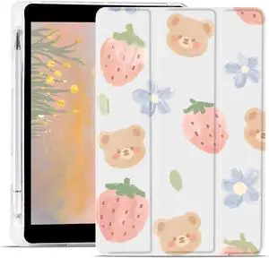 JOYLAND Cute Bear Pad Case for 11 Inch iPad Air(2024), Clear TPU Smart Stand Back Cover with Pencil Holder for Girls Women Kids, Auto Wake/Sleep Foldable Shockproof Airtective Case