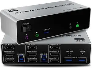 8K@60Hz KVM Switch 3 Monitors 2 Computers 4K@144Hz, 2 HDMI+Displayport KVM Switch Triple Monitor for 2 Computer Share 3 Monitor, Audio Mic Port and 3 USB3.0 Devices, Wired Remote and 5V Power Adapter