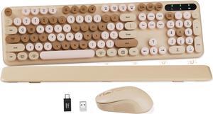 Wireless Keyboard and Mouse Combo, Round Keycaps, Full-Size Retro Typewriter Keyboard with Detachable Wrist Rest, Sleep Mode & Tilt Legs, 2.4GHz Cordless Connection for Mac/Windows/PC (Latte)